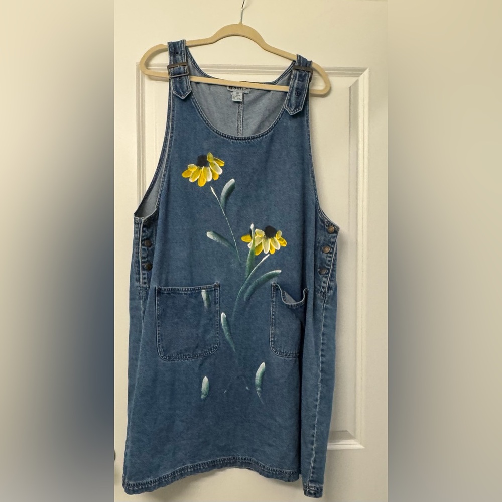 Vintage Painted Floral Denim Dress with Pockets